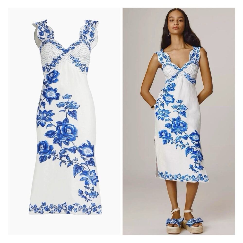 Farm Rio 100% Linen Floral Cascade Midi Dress Smocked Blue White Size Small